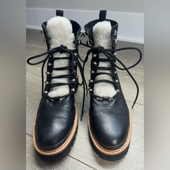 Marc Fisher Ltd Izzie Shearling-Lined Black Leather Work Boots - Picture 4 of 9